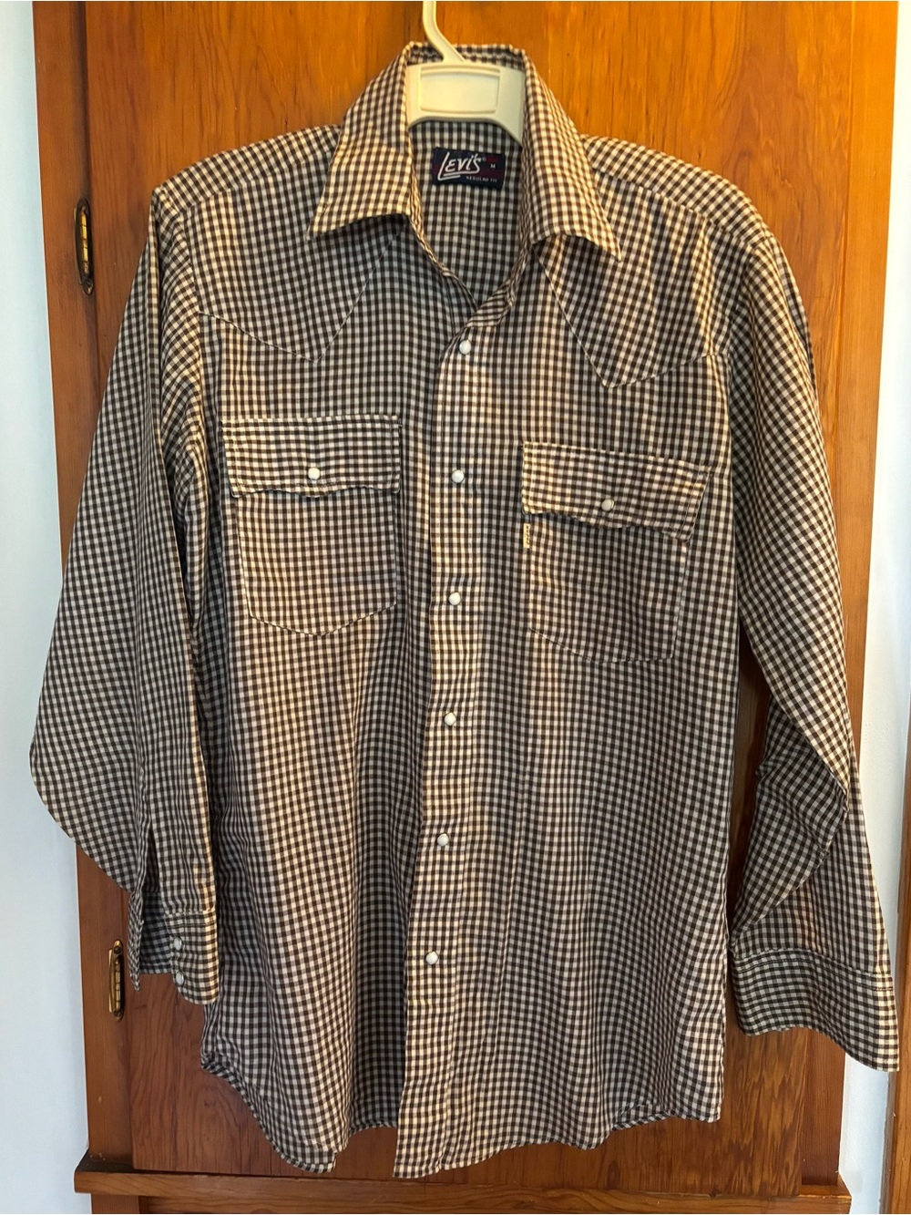 Vintage Levi's Brown and White Gingham Button-Up Shirt Size M